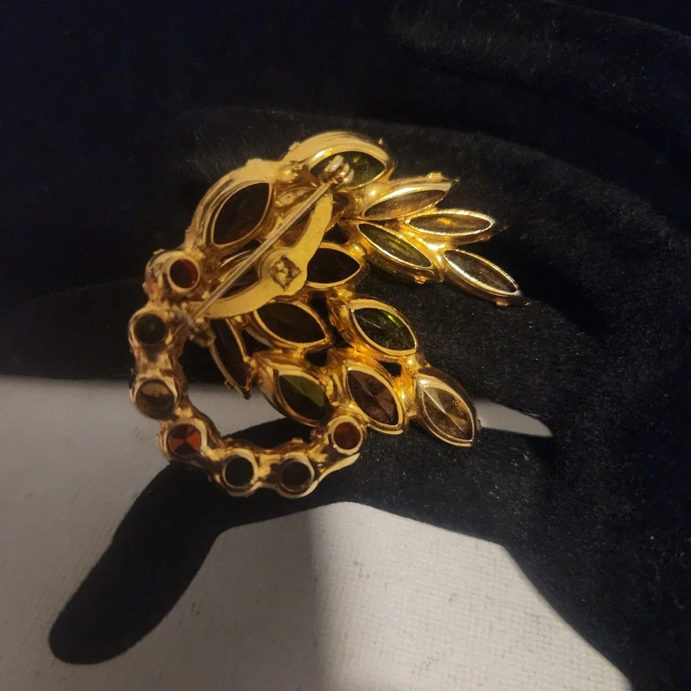Vintage Amber Green Orange Rhinestone Layered Brooch Gold Tone Autumn Fall Jewel